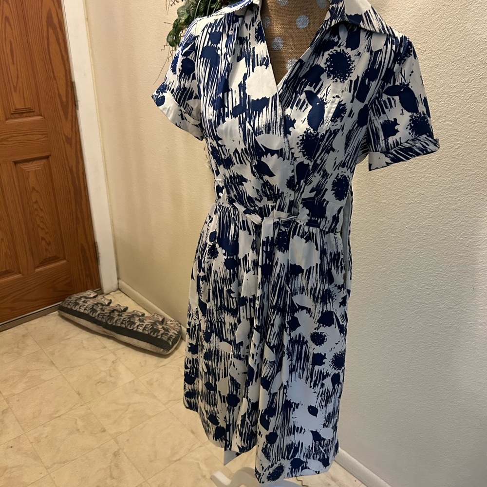 Chadwick’s Blue and White faux wrap dress sz 10